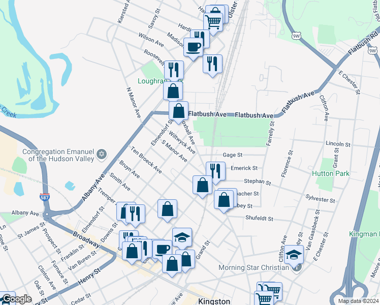 map of restaurants, bars, coffee shops, grocery stores, and more near 7 Wiltwyck Avenue in Kingston