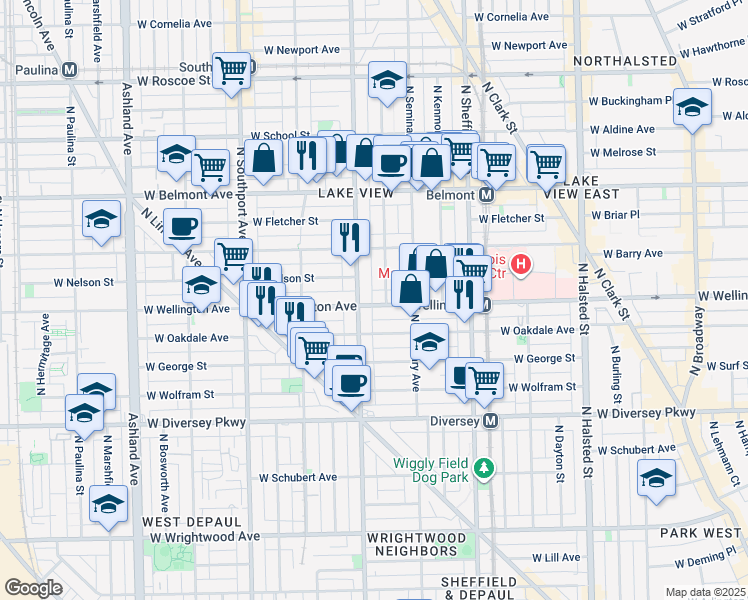 map of restaurants, bars, coffee shops, grocery stores, and more near 1142 West Wellington Avenue in Chicago