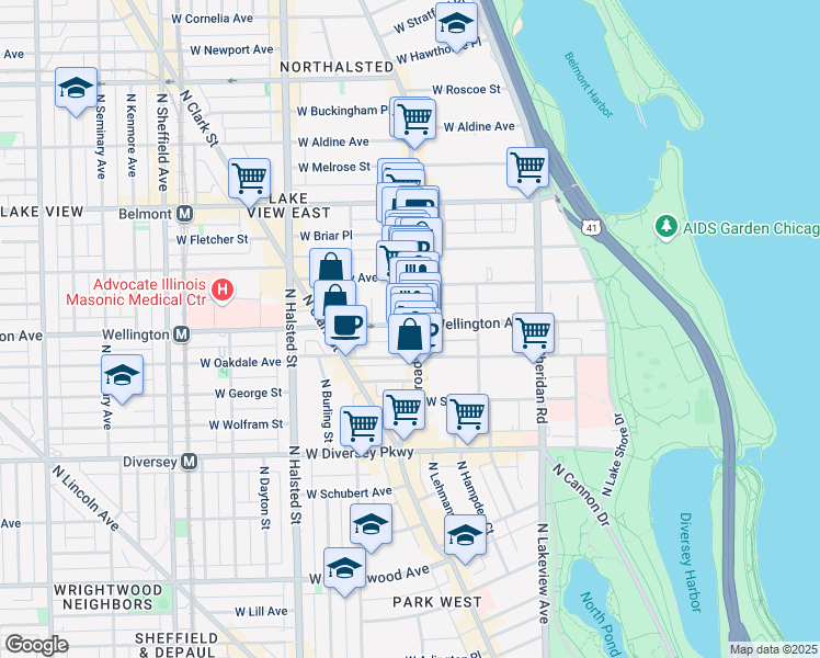 map of restaurants, bars, coffee shops, grocery stores, and more near 603 West Wellington Avenue in Chicago