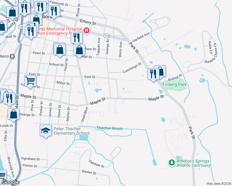 map of restaurants, bars, coffee shops, grocery stores, and more near 22 Solomon Street in Attleboro
