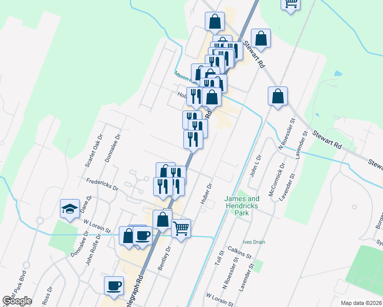 map of restaurants, bars, coffee shops, grocery stores, and more near 1121 North Telegraph Road in Monroe