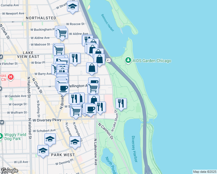 map of restaurants, bars, coffee shops, grocery stores, and more near 300-340 West Wellington Avenue in Chicago