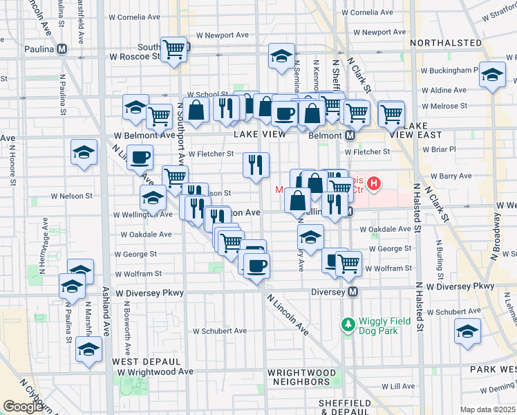 map of restaurants, bars, coffee shops, grocery stores, and more near 3025 North Racine Avenue in Chicago