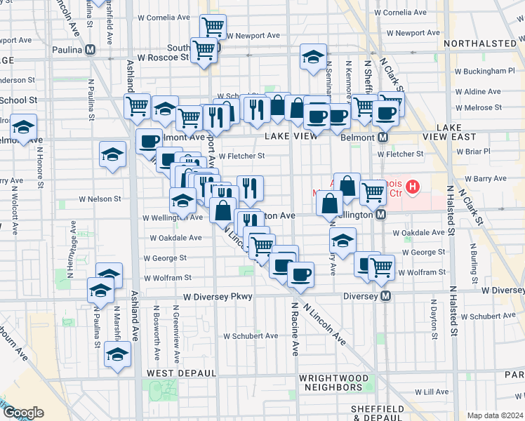 map of restaurants, bars, coffee shops, grocery stores, and more near 1225 West Nelson Street in Chicago