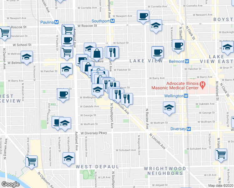 map of restaurants, bars, coffee shops, grocery stores, and more near 1343 West Nelson Street in Chicago