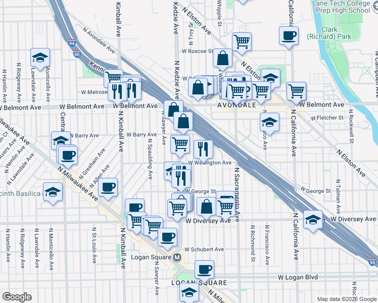map of restaurants, bars, coffee shops, grocery stores, and more near 3042 North Troy Street in Chicago
