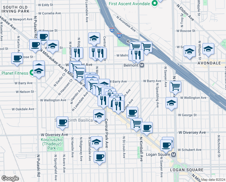 map of restaurants, bars, coffee shops, grocery stores, and more near 3059 North Central Park Avenue in Chicago