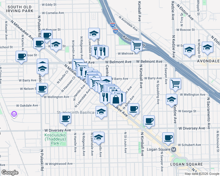 map of restaurants, bars, coffee shops, grocery stores, and more near 3059 North Central Park Avenue in Chicago