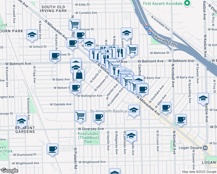 map of restaurants, bars, coffee shops, grocery stores, and more near 3073 North Avers Avenue in Chicago