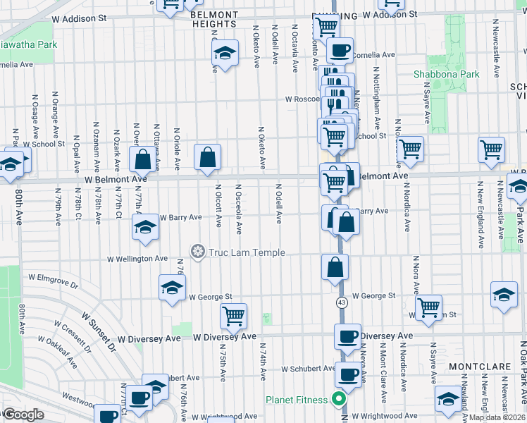 map of restaurants, bars, coffee shops, grocery stores, and more near 3123 North Oketo Avenue in Chicago