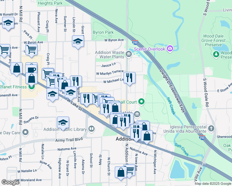 map of restaurants, bars, coffee shops, grocery stores, and more near 38 Elizabeth Drive in Addison