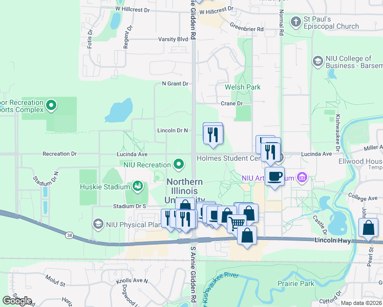 map of restaurants, bars, coffee shops, grocery stores, and more near in DeKalb