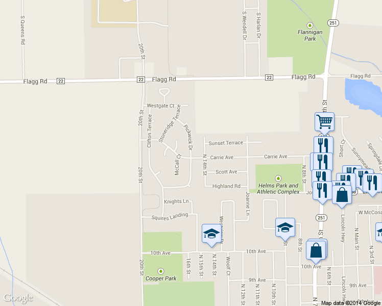 map of restaurants, bars, coffee shops, grocery stores, and more near 1213 Pickwick Drive in Rochelle