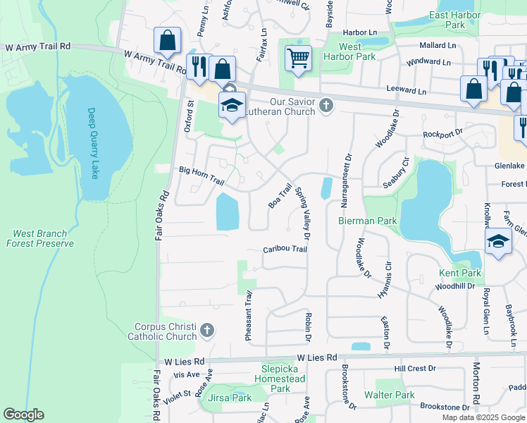 map of restaurants, bars, coffee shops, grocery stores, and more near 1340 Big Horn Trail in Carol Stream