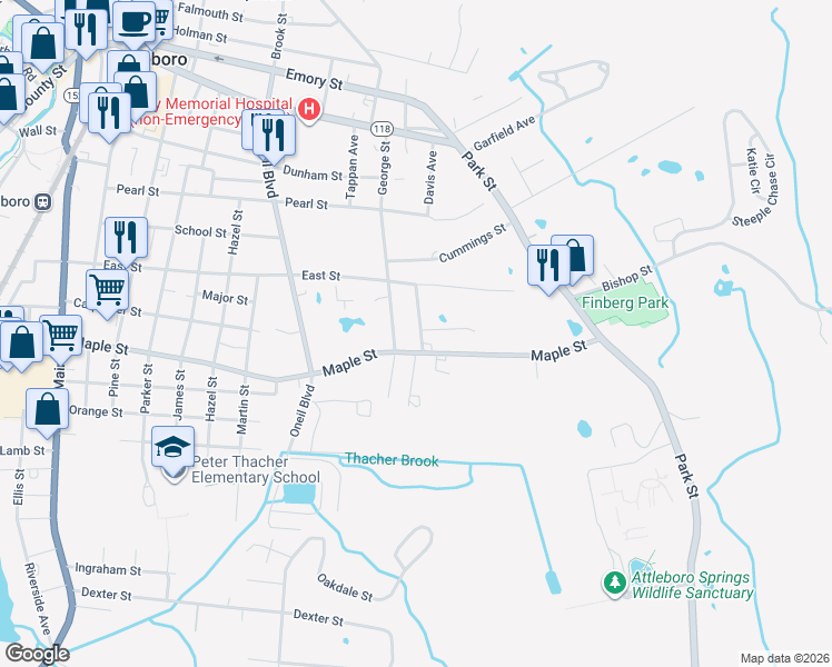 map of restaurants, bars, coffee shops, grocery stores, and more near 22 Solomon Street in Attleboro