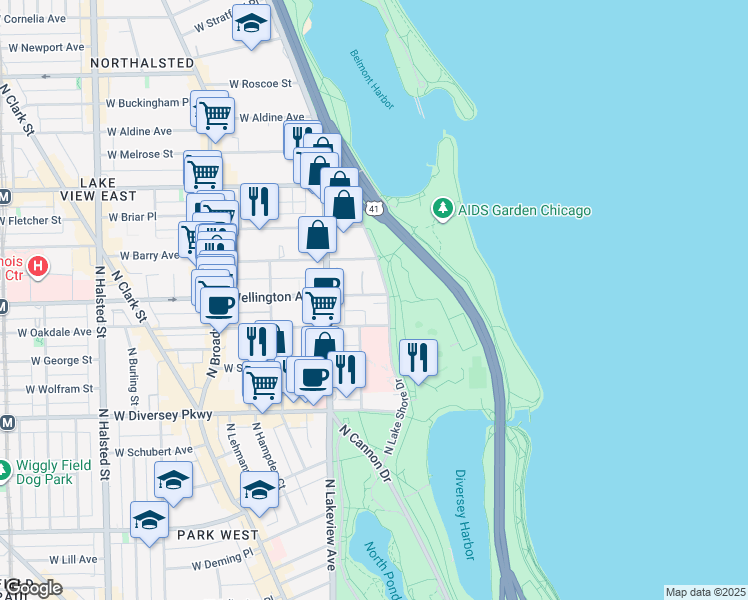 map of restaurants, bars, coffee shops, grocery stores, and more near 300-340 West Wellington Avenue in Chicago