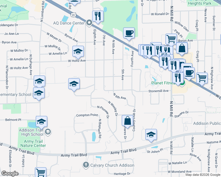 map of restaurants, bars, coffee shops, grocery stores, and more near 540 North 6th Avenue in Addison