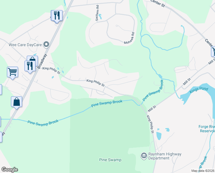 map of restaurants, bars, coffee shops, grocery stores, and more near 578 King Philip Street in Raynham
