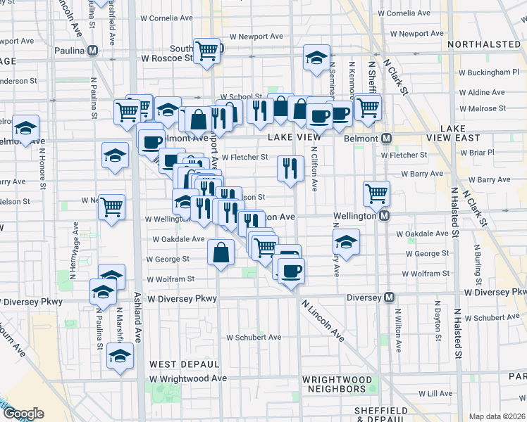 map of restaurants, bars, coffee shops, grocery stores, and more near 1301 West Nelson Street in Chicago