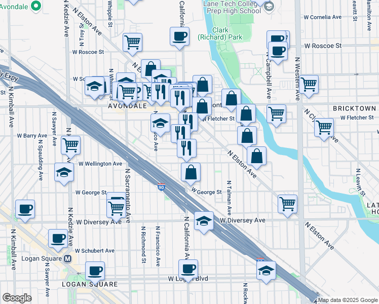 map of restaurants, bars, coffee shops, grocery stores, and more near 3025 North California Avenue in Chicago