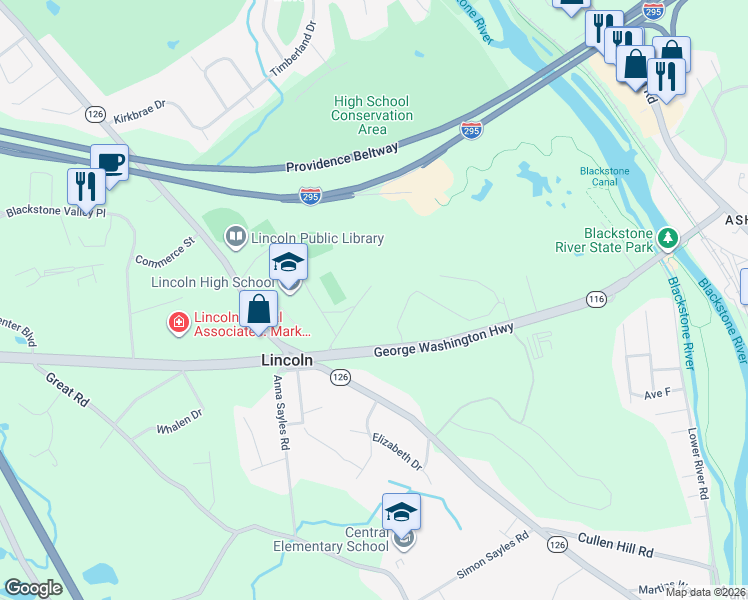 map of restaurants, bars, coffee shops, grocery stores, and more near 5 Hood Drive in Lincoln