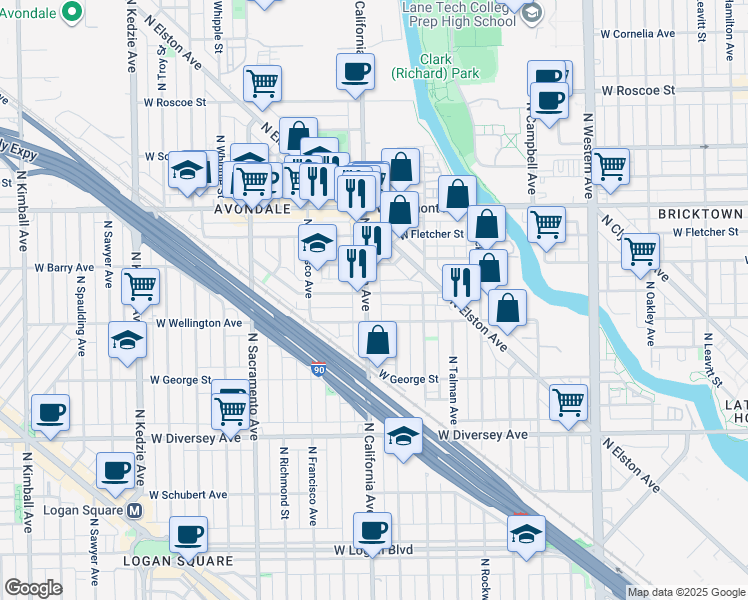 map of restaurants, bars, coffee shops, grocery stores, and more near 3043 North California Avenue in Chicago