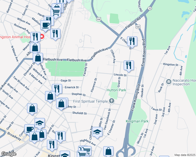 map of restaurants, bars, coffee shops, grocery stores, and more near 46 Lincoln Street in Kingston