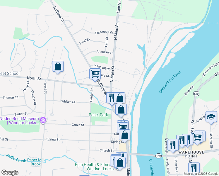 map of restaurants, bars, coffee shops, grocery stores, and more near 20 North Main Street in Windsor Locks