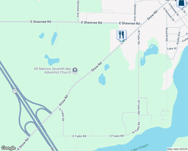 map of restaurants, bars, coffee shops, grocery stores, and more near 4380 East Snow Road in Berrien Springs
