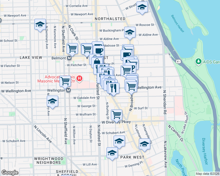 map of restaurants, bars, coffee shops, grocery stores, and more near 3021 North Clark Street in Chicago