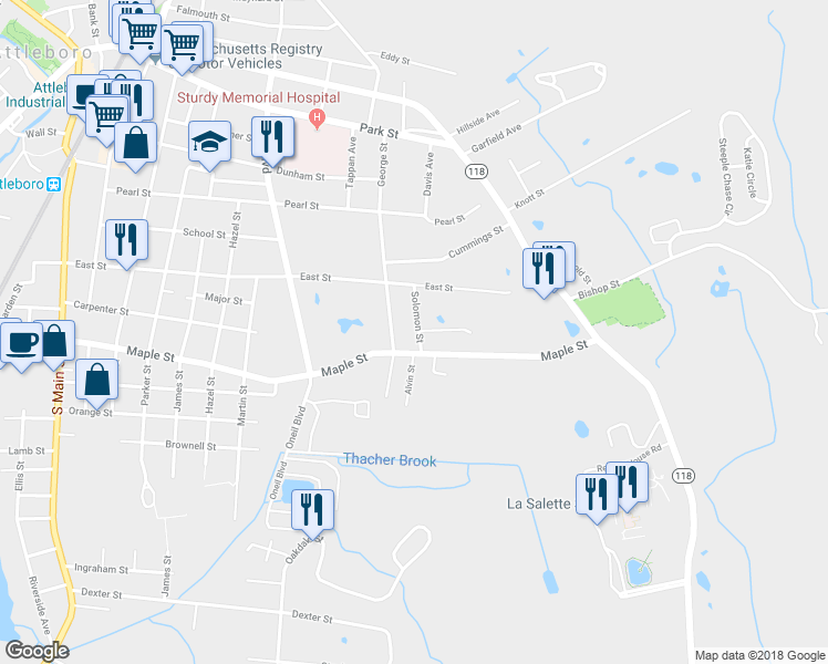 map of restaurants, bars, coffee shops, grocery stores, and more near 22 Solomon Street in Attleboro