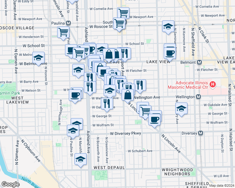 map of restaurants, bars, coffee shops, grocery stores, and more near 3020 North Lincoln Avenue in Chicago