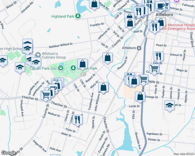 map of restaurants, bars, coffee shops, grocery stores, and more near 20 Summer Street in Attleboro