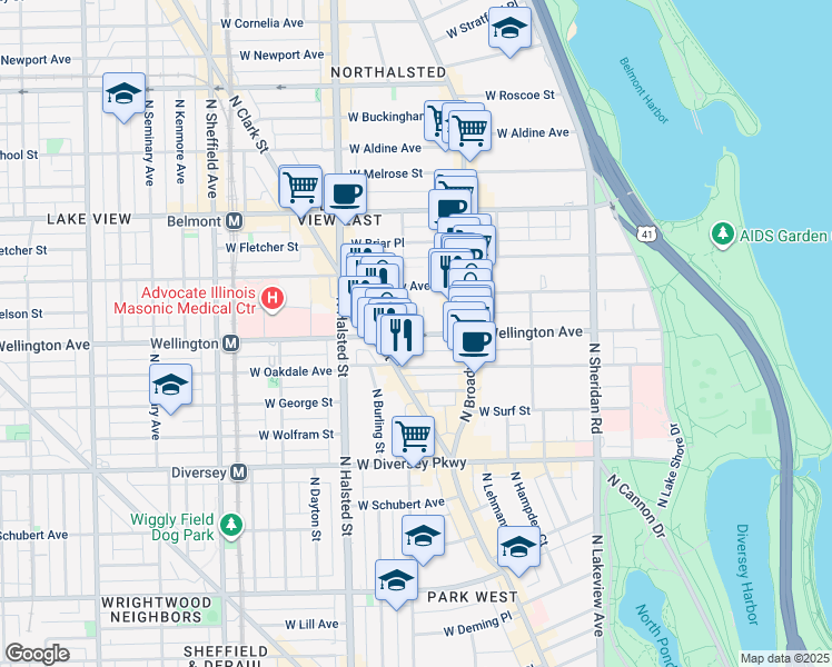 map of restaurants, bars, coffee shops, grocery stores, and more near 3020 North Waterloo Court in Chicago