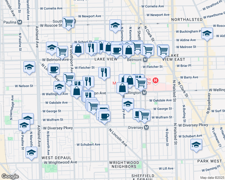 map of restaurants, bars, coffee shops, grocery stores, and more near 3025 North Racine Avenue in Chicago