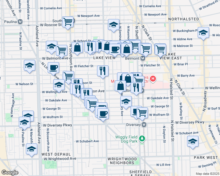 map of restaurants, bars, coffee shops, grocery stores, and more near 3025 North Racine Avenue in Chicago