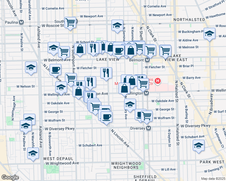 map of restaurants, bars, coffee shops, grocery stores, and more near 3025 North Racine Avenue in Chicago