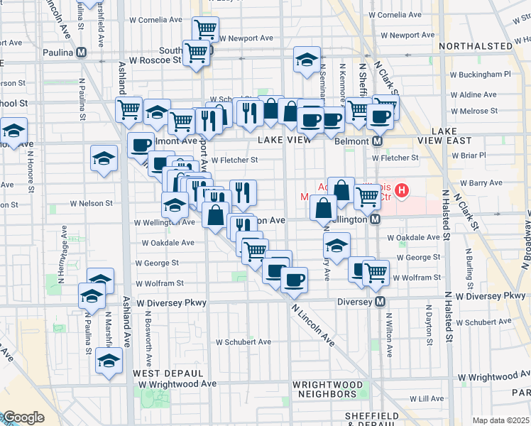 map of restaurants, bars, coffee shops, grocery stores, and more near 1225 West Nelson Street in Chicago