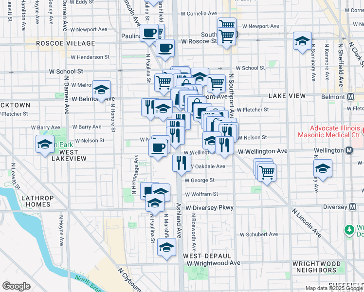 map of restaurants, bars, coffee shops, grocery stores, and more near 1530 West Nelson Street in Chicago