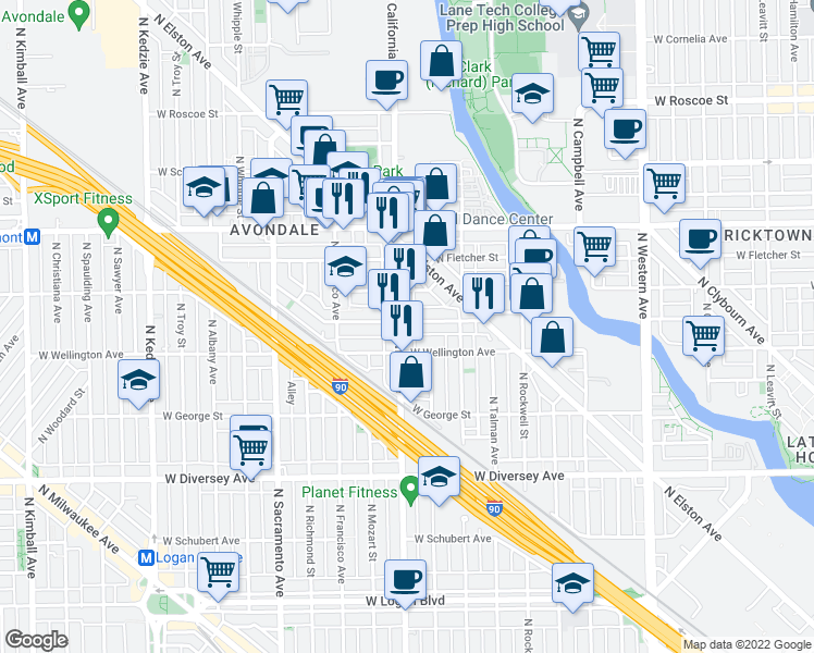 map of restaurants, bars, coffee shops, grocery stores, and more near 3043 North California Avenue in Chicago
