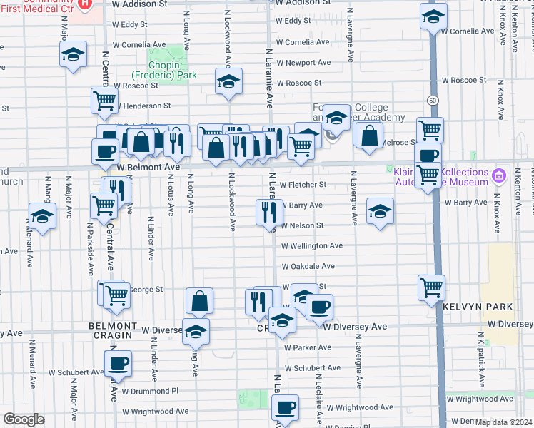map of restaurants, bars, coffee shops, grocery stores, and more near 5220 West Barry Avenue in Chicago