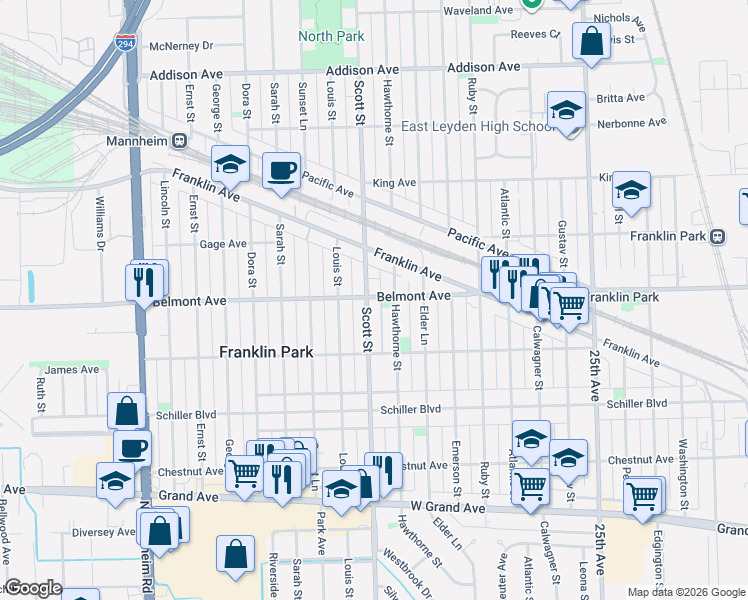 map of restaurants, bars, coffee shops, grocery stores, and more near 3208 Hawthorne Street in Franklin Park