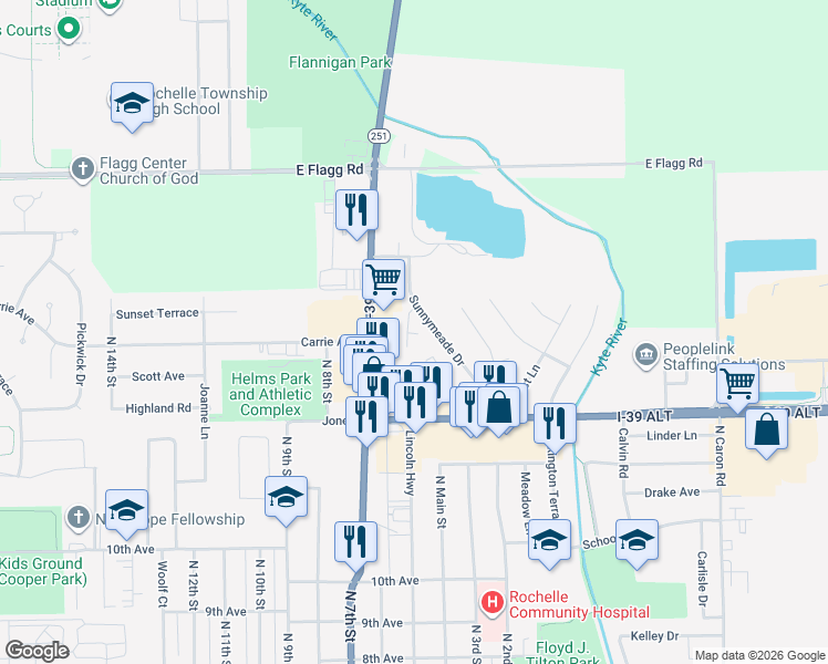 map of restaurants, bars, coffee shops, grocery stores, and more near 1263 Short Court in Rochelle