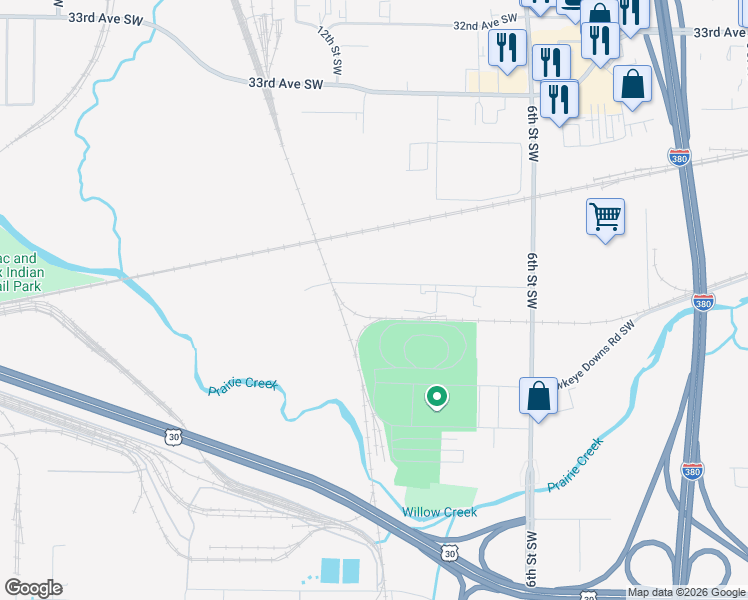 map of restaurants, bars, coffee shops, grocery stores, and more near 1111 Ingleside Drive Southwest in Cedar Rapids