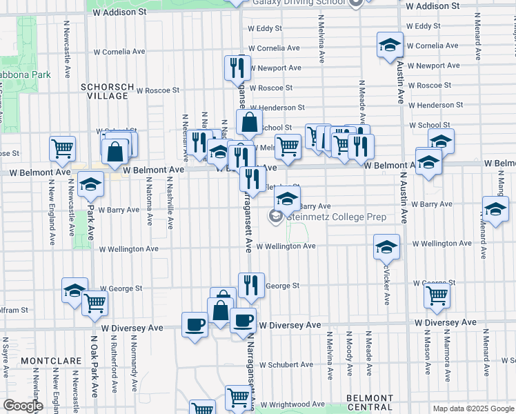 map of restaurants, bars, coffee shops, grocery stores, and more near West Barry Avenue in Chicago