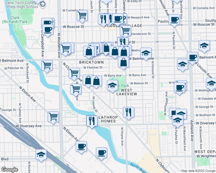 map of restaurants, bars, coffee shops, grocery stores, and more near 3018 North Hoyne Avenue in Chicago