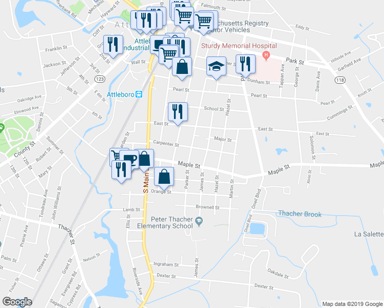 map of restaurants, bars, coffee shops, grocery stores, and more near 70 Parker Street in Attleboro