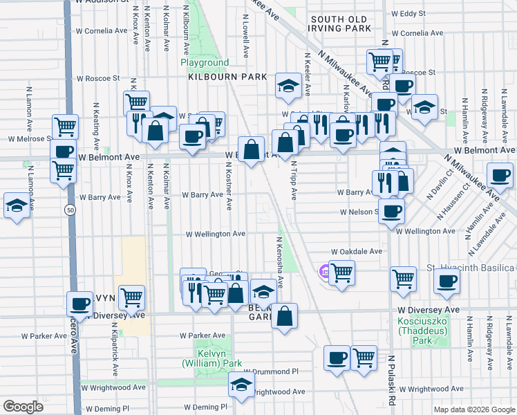map of restaurants, bars, coffee shops, grocery stores, and more near 4230 West Nelson Street in Chicago