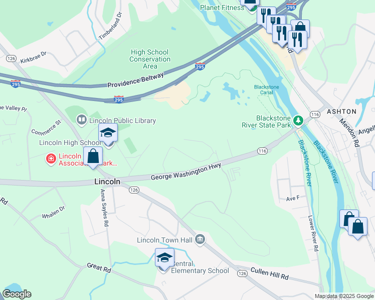 map of restaurants, bars, coffee shops, grocery stores, and more near 670 George Washington Highway in Lincoln