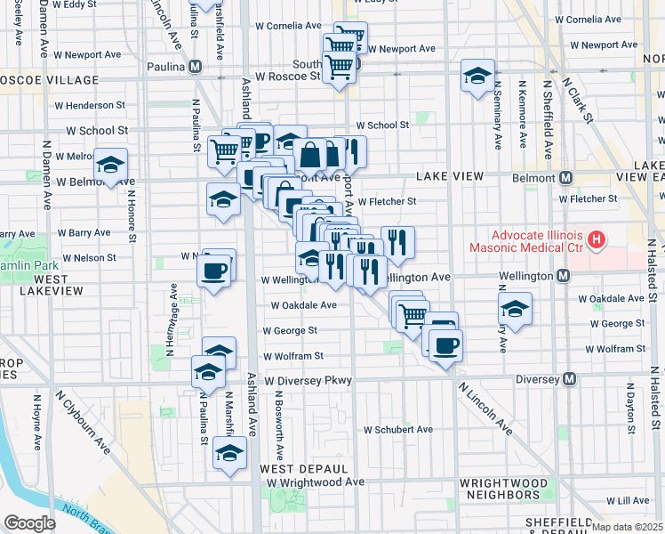 map of restaurants, bars, coffee shops, grocery stores, and more near 3033 North Lincoln Avenue in Chicago